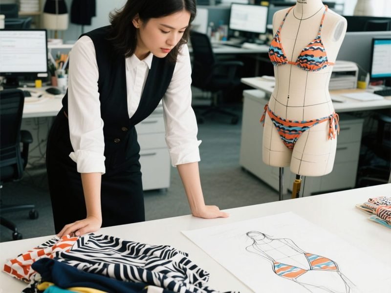 Designer creating custom bikini samples with fabric swatches