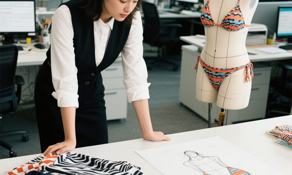 Designer creating custom bikini samples with fabric swatches