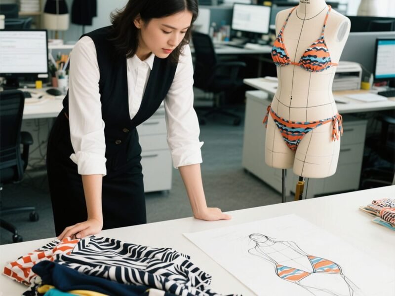 Designer creating custom bikini samples with fabric swatches